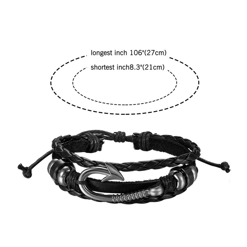 Aroncent 2pcs Fish Hook Bracelet Leather Nylon Braided Wrap Rope Wristband Nautical Bracelets for Men Women 8.5-10.5 Inches - Image 2